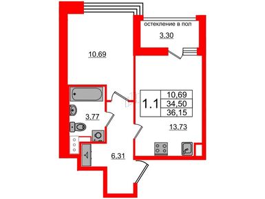 1-комнатная 34.50 кв.м, ЖК «Титул в Московском», 11 650 118 руб.