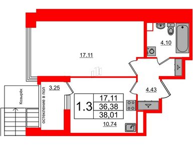 1-комнатная 36.38 кв.м, ЖК «Титул в Московском», 10 350 237 руб.