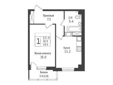 1-комнатная 39.90 кв.м, ЖК «Южная Звезда», 4 510 000 руб.