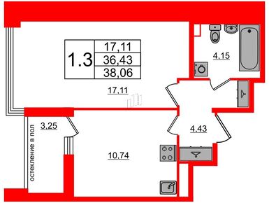 1-комнатная 36.43 кв.м, ЖК «Титул в Московском», 10 400 072 руб.