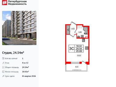 Студия 24.54 кв.м, ЖК «Титул в Московском», 7 500 062 руб.