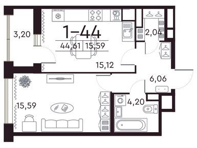 1-комнатная 44.60 кв.м, ЖК Familia (Фамилия), 22 709 834 руб.