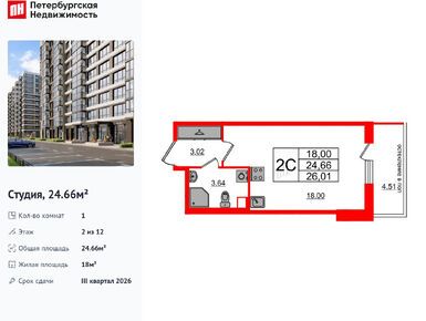 Студия 24.66 кв.м, ЖК «Титул в Московском», 7 250 200 руб.