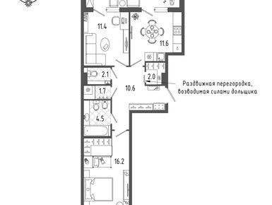 2-комнатная 63.90 кв.м, Квартал «Галактика», 15 733 617 руб.