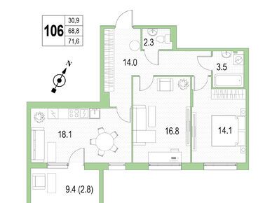 2-комнатная 71.60 кв.м, ЖК Riviera Сlub (Ривьера Клаб)